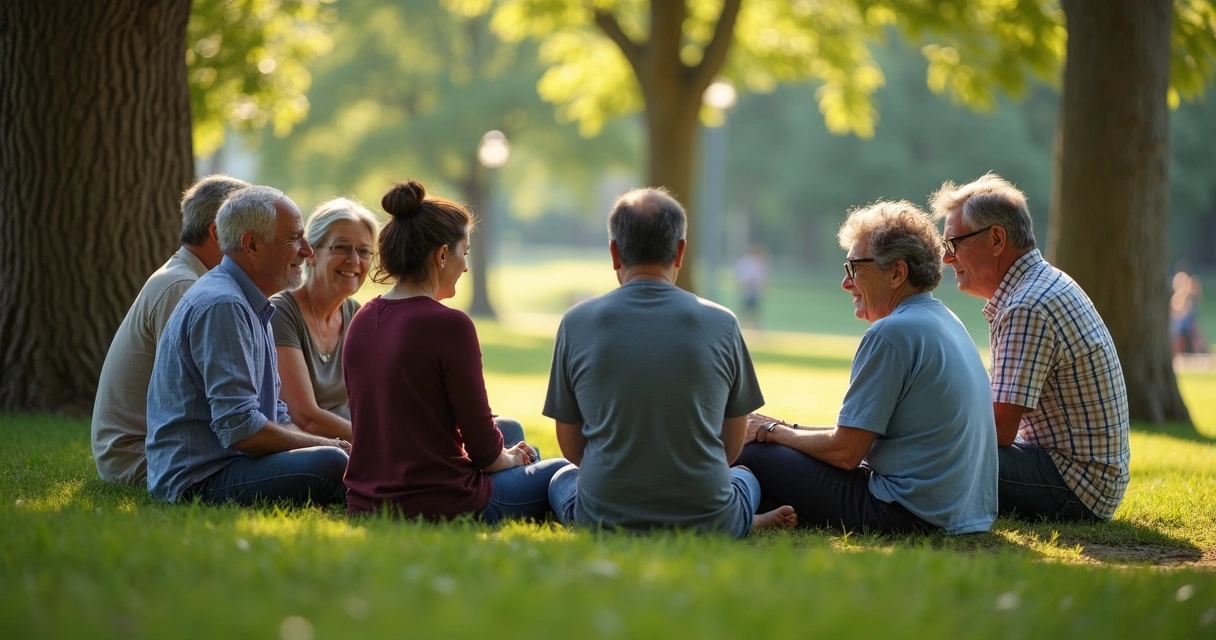 Grupo de amigos em círculo conversando em um parque