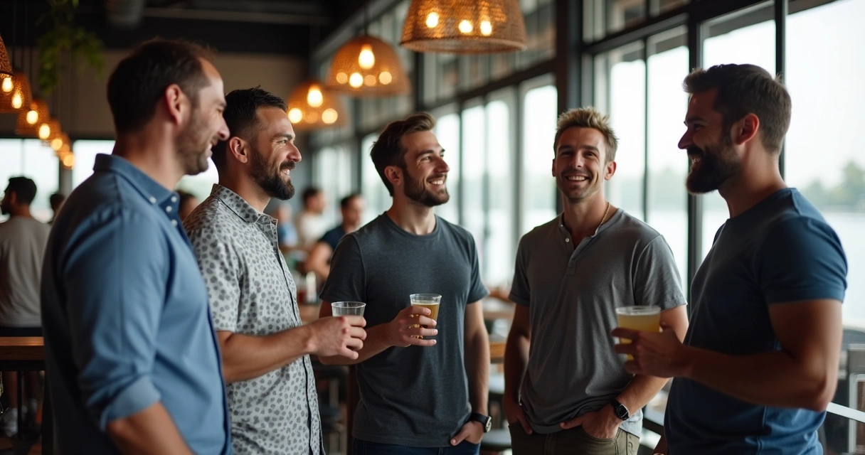 Homens conversando em roda sorrindo em ambiente social 