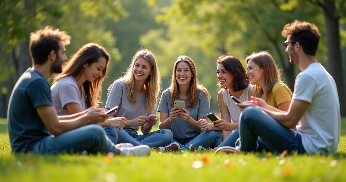Grupo de amigos sentados em círculo conversando sem celulares 