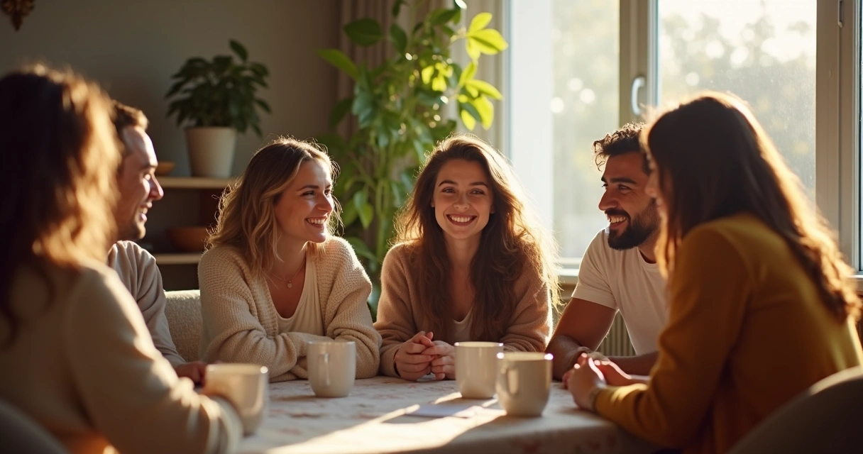 Grupo de amigos conversando sentados em uma sala iluminada, expressão amigável no rosto 