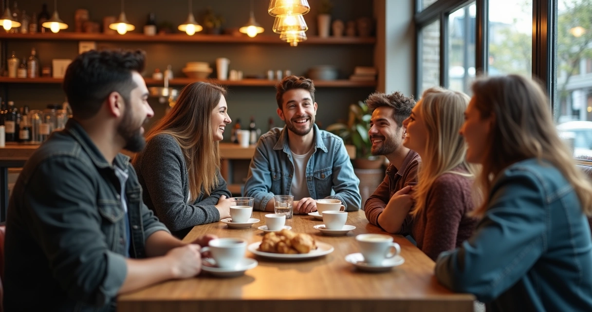 Grupo de amigos conversando animados em uma cafeteria