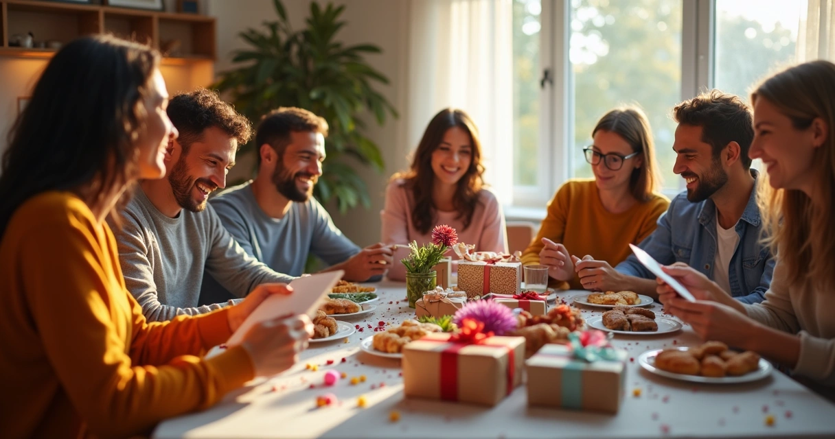 Grupo de amigos sorrindo com presentes na mão 