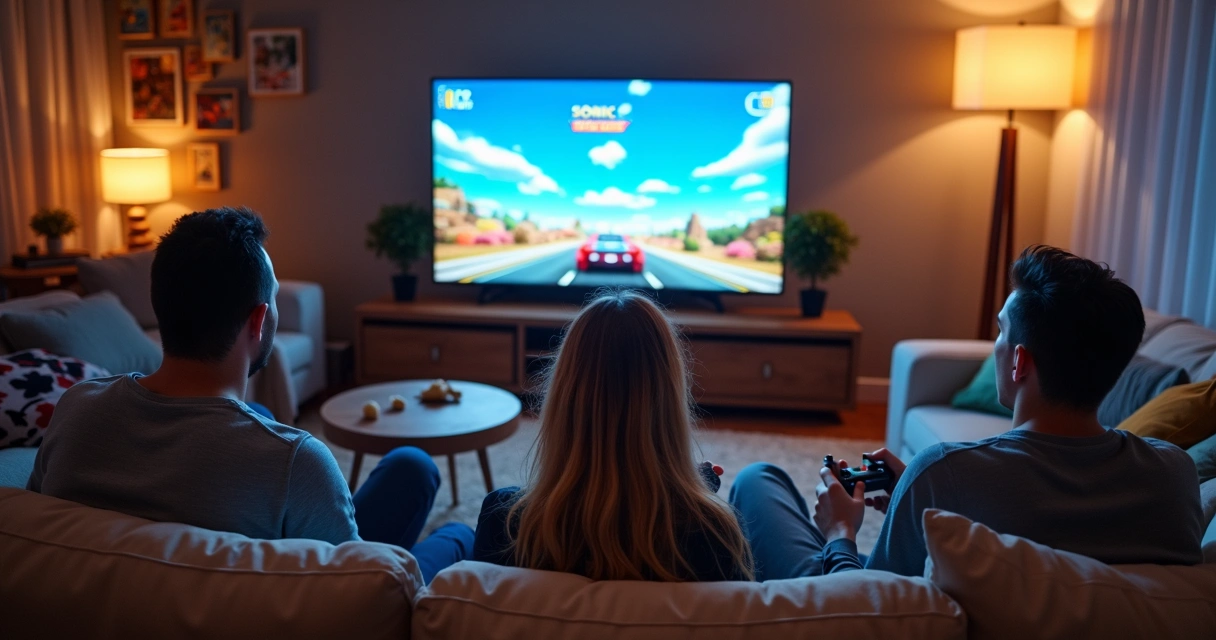 Grupo de amigos jogando Sonic Racing juntos ao redor de TV, clima animado e descontraído 