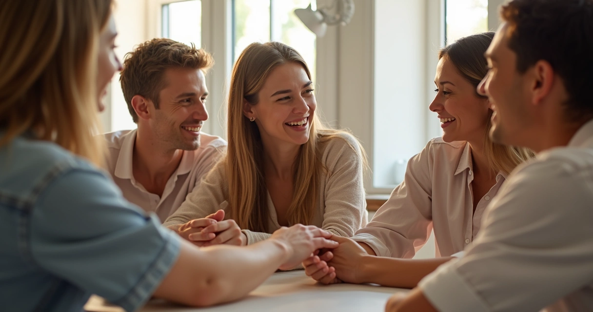 Grupo de amigos sentados ao redor de uma mesa, sorrindo, oferecendo apoio uns aos outros. 