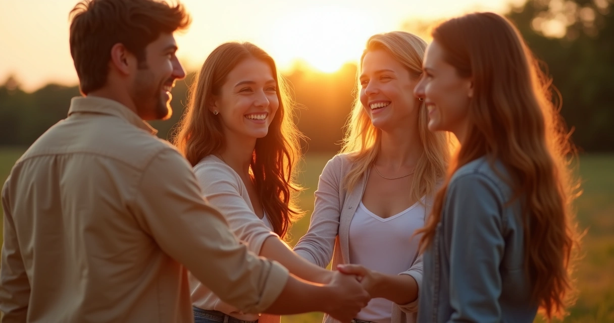 Grupo de amigos sorrindo em roda fazendo agradecimento 