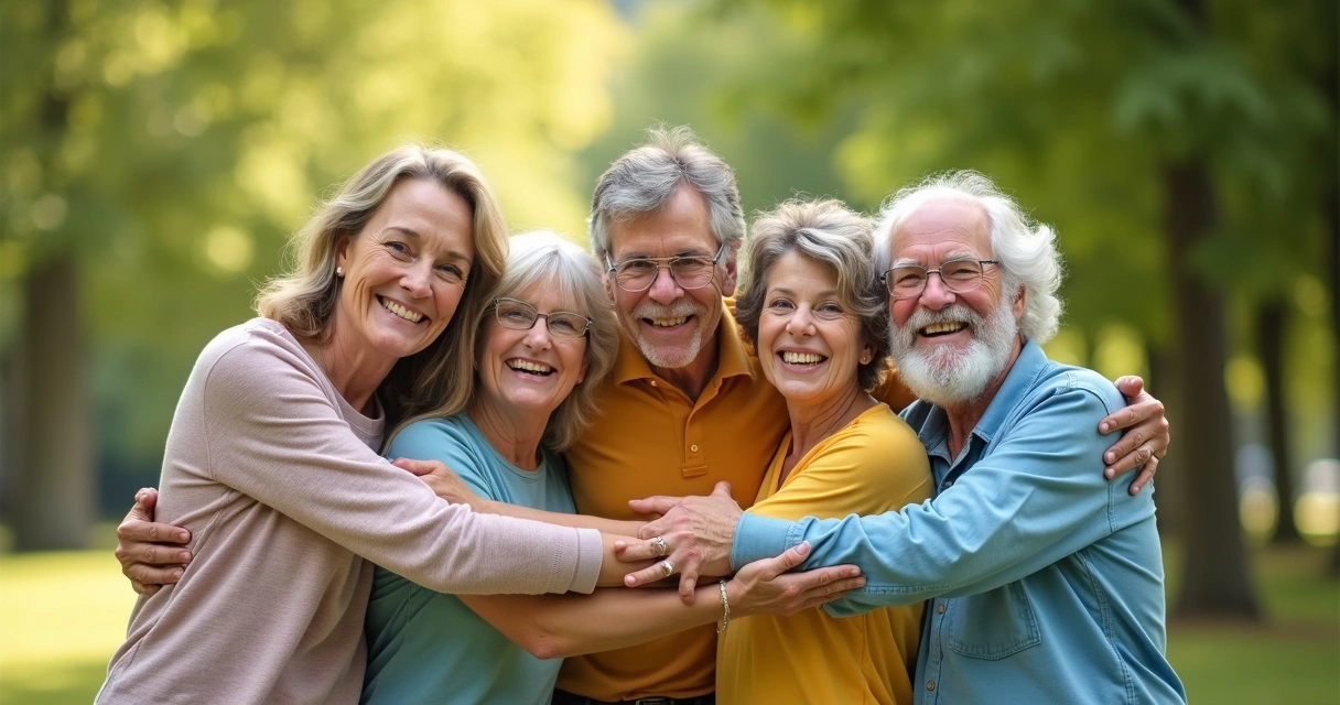 Amigos sorrindo se abraçando ao ar livre