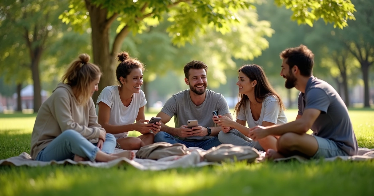 Grupo de amigos sentados ao ar livre conversando e sorrindo