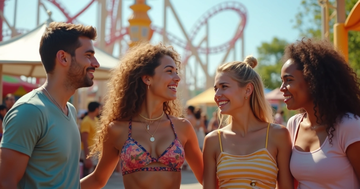Grupo de amigos sorrindo em parque de diversões 