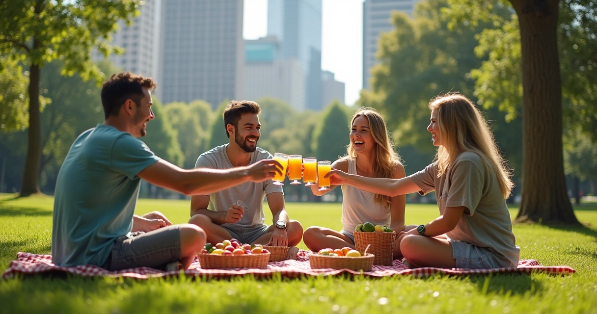 Amigos fazendo piquenique em parque próximo à cidade 