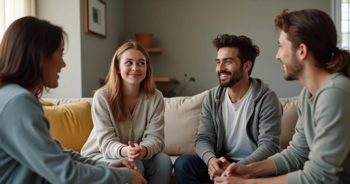 Grupo de amigos em conversa sincera e acolhedora, expressando confiança