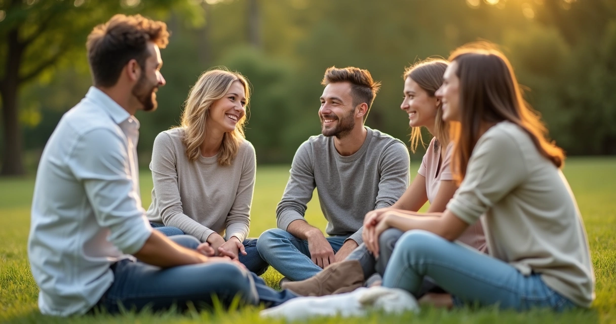 Pessoas sentadas em círculo em parque, conversando e sorrindo 