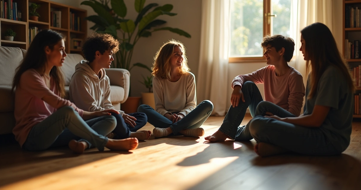 Grupo de amigos sentado em círculo com sombras projetando tensões invisíveis 