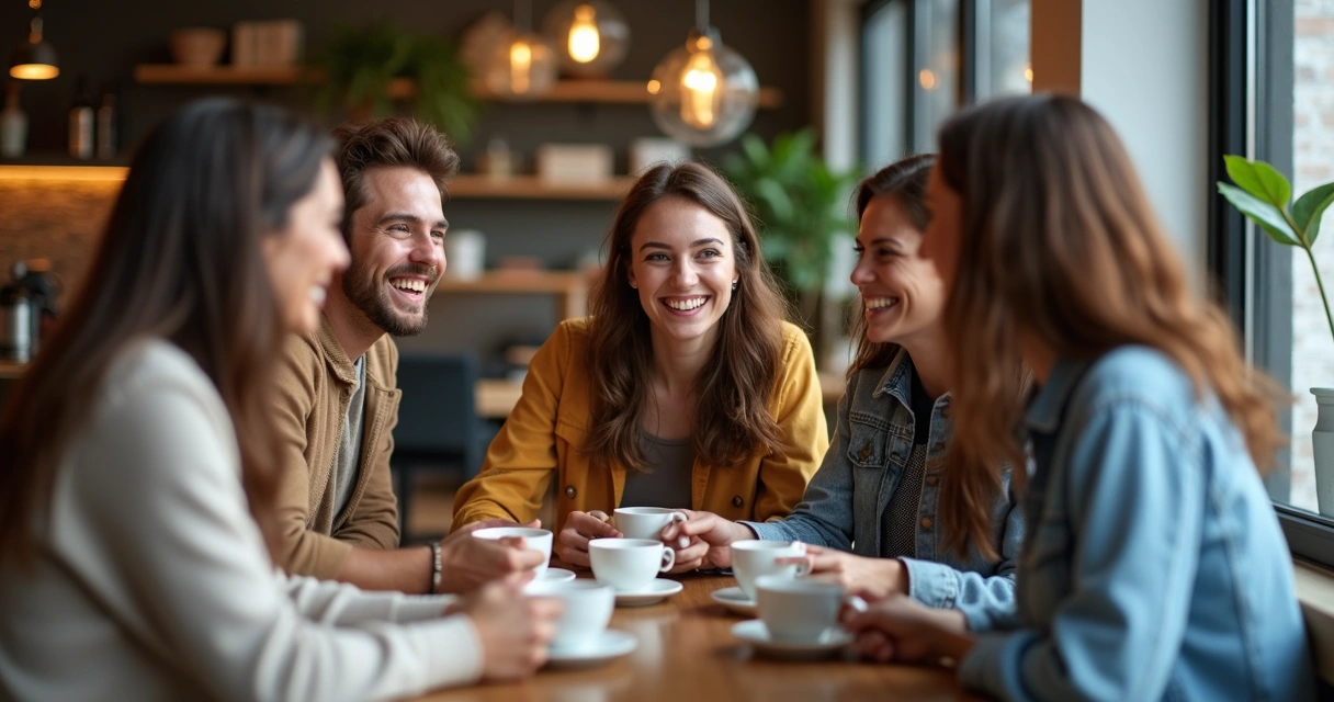 Grupo de amigos sorrindo, conversando em uma cafeteria moderna, todos sentados à mesa. 