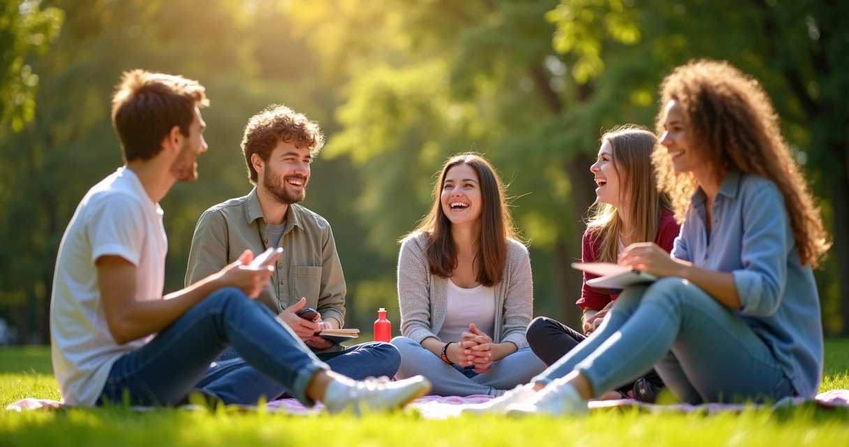 Grupo de jovens estudantes rindo sentados em gramado