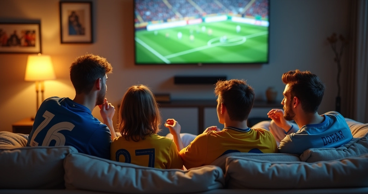 Grupo de amigos sentados en un sofá viendo un partido de fútbol en la televisión