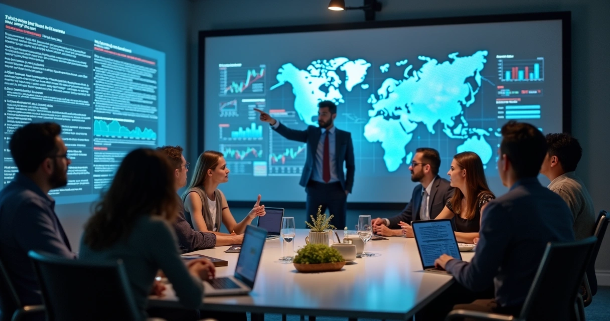 Grupo reunido discutindo e analisando previsões de mercado 