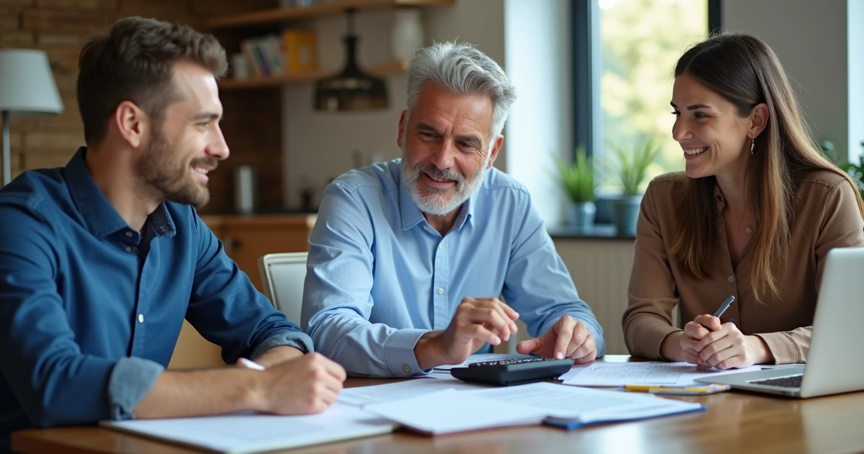 Três pessoas analisando propostas de seguro de carro em uma mesa com papéis e notebook