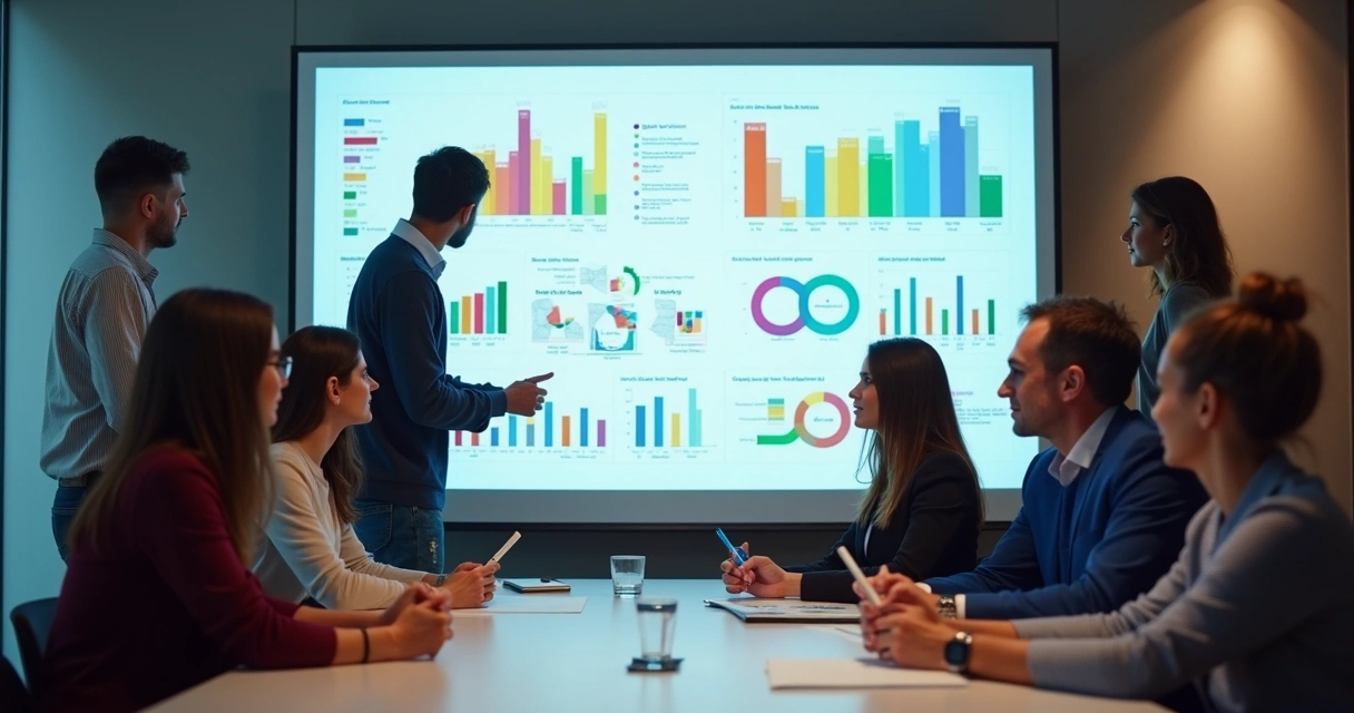 Grupo analizando gráficos de impacto social en una pantalla 