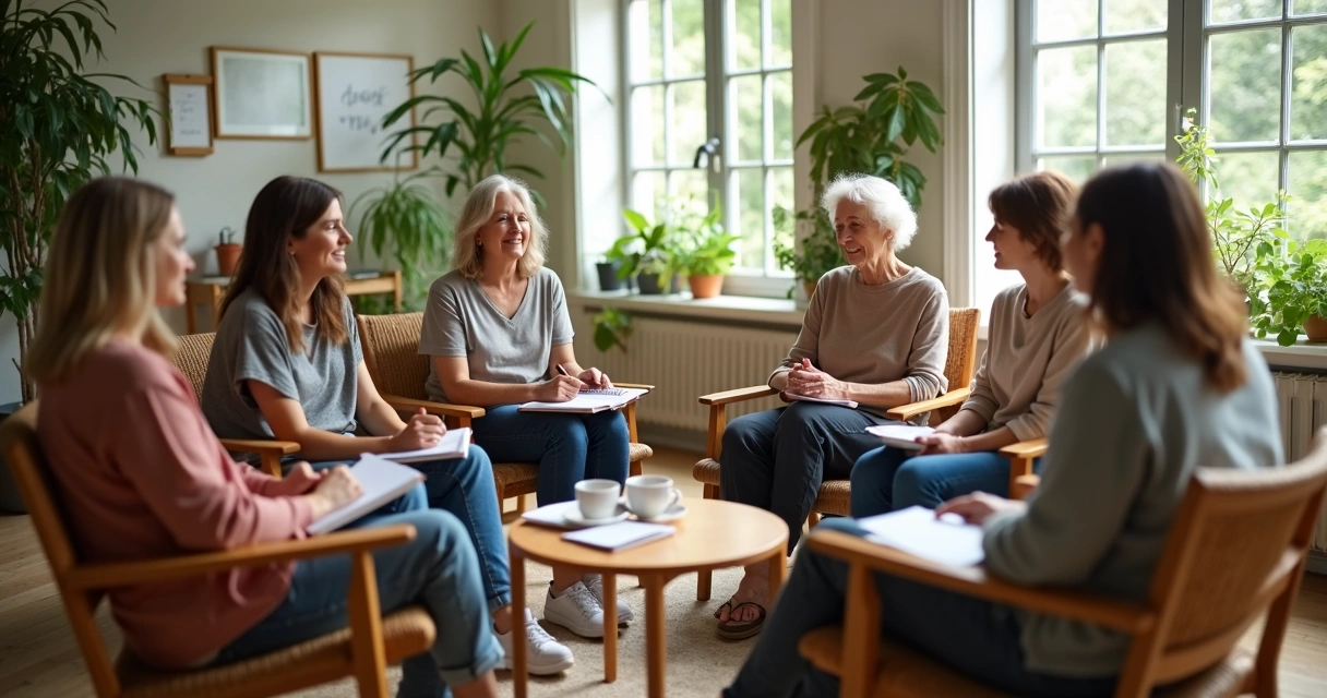 Grupo en círculo compartiendo experiencias en sala tranquila