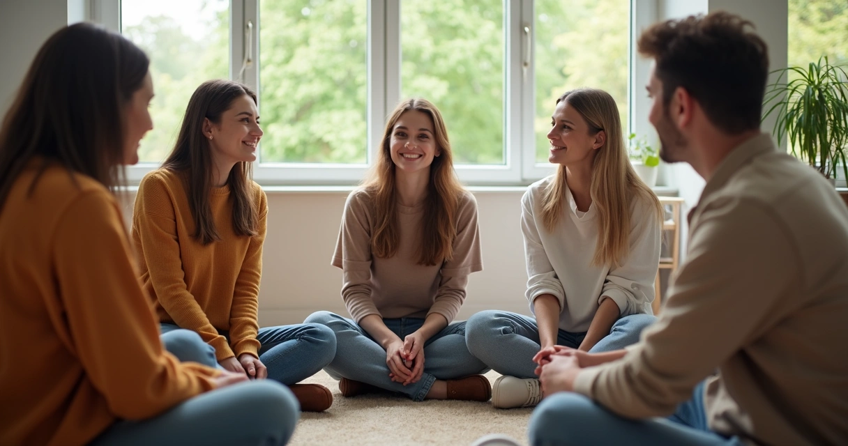 Grupo de pessoas sentados conversando em círculo 