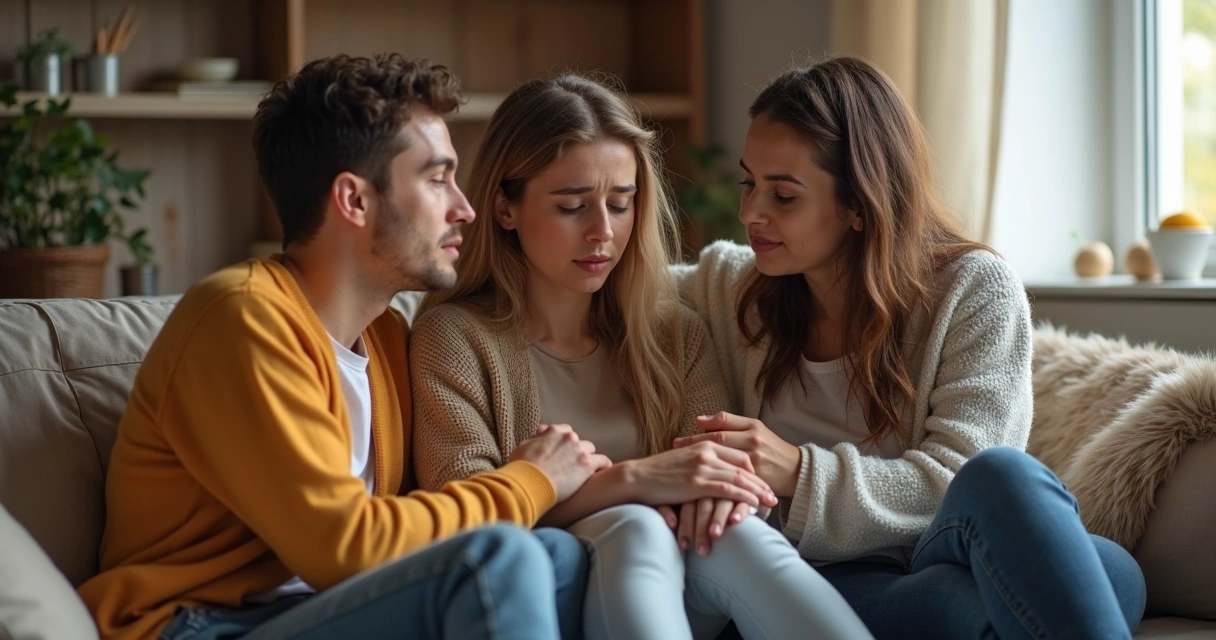Três pessoas reunidas, conversando e apoiando um amigo sentado 