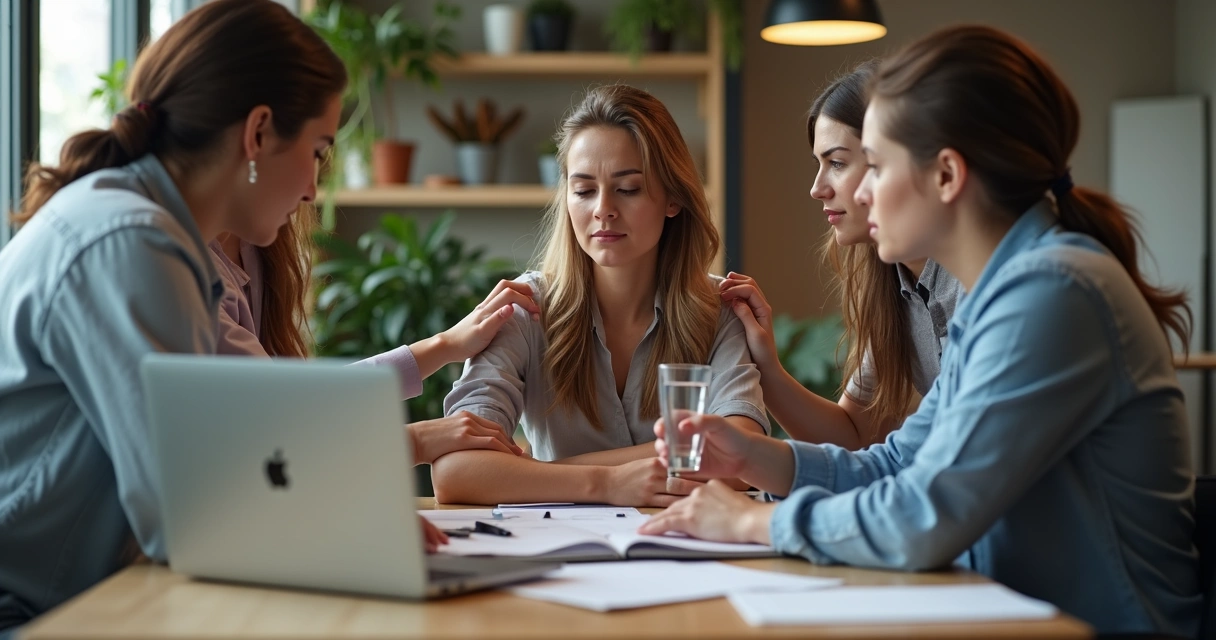 Grupo de colegas consolando mulher sentada em ambiente de trabalho 