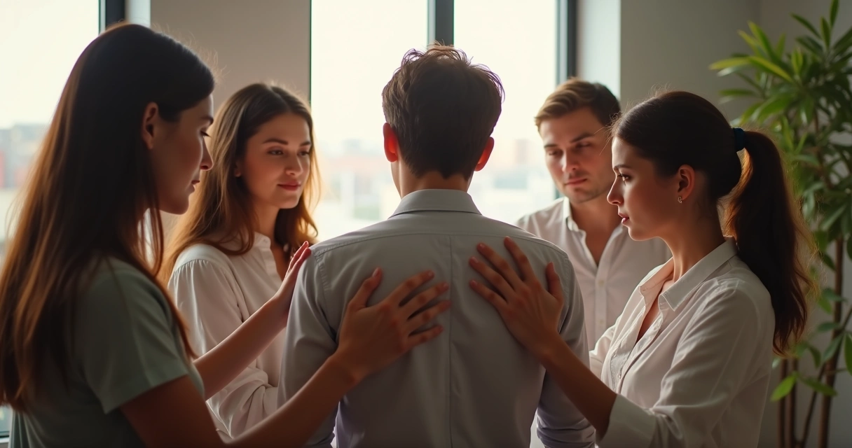 Grupo de pessoas apoiando colega em momento difícil 