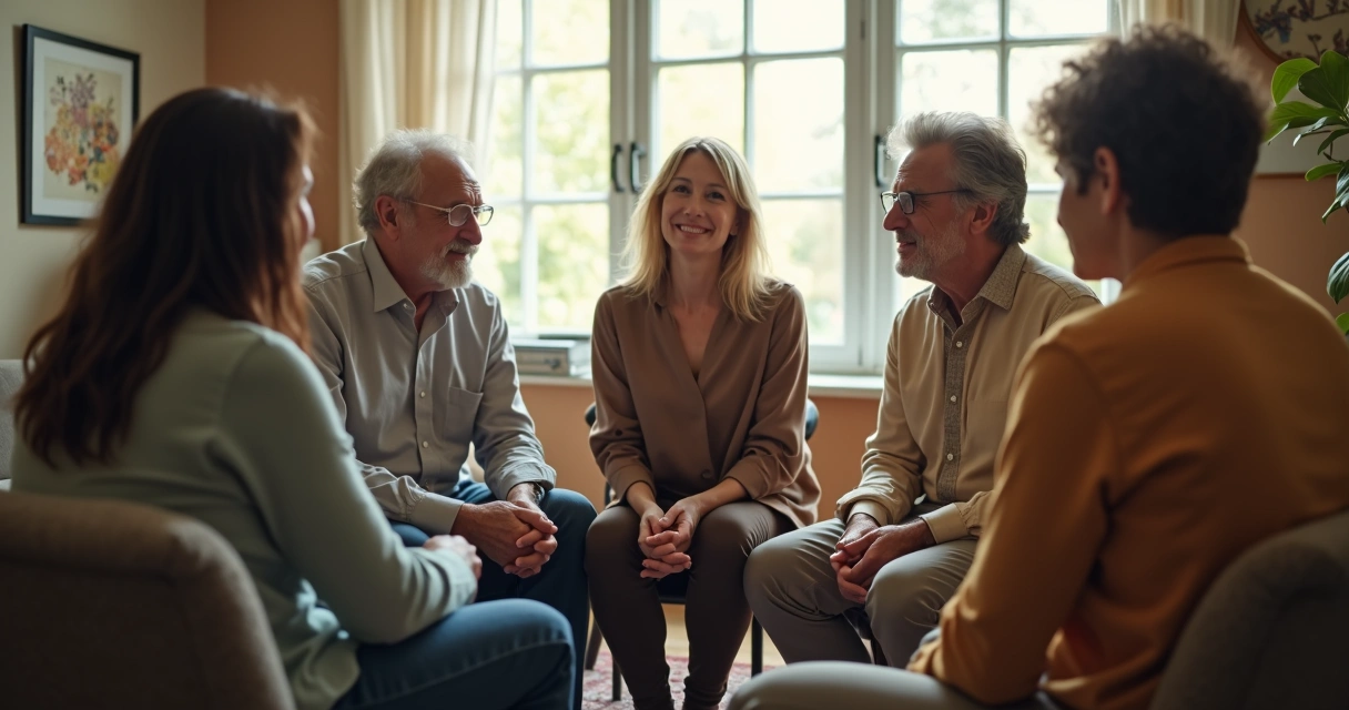 Grupo de pessoas sentado em círculo conversando 