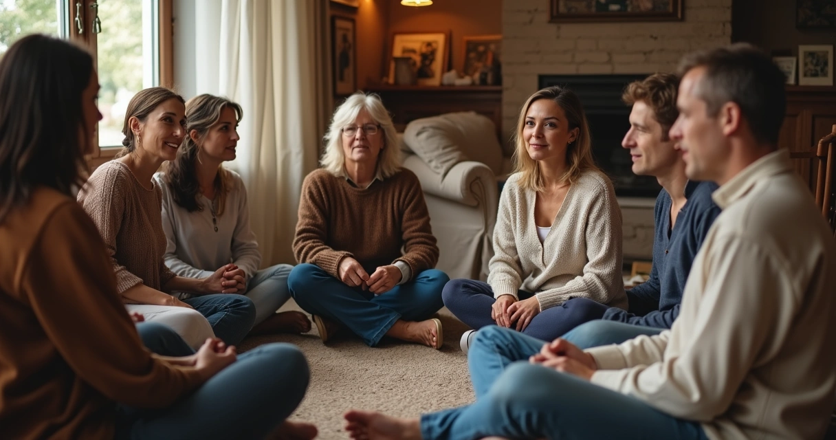 Grupo de pessoas sentadas em círculo em ambiente acolhedor 