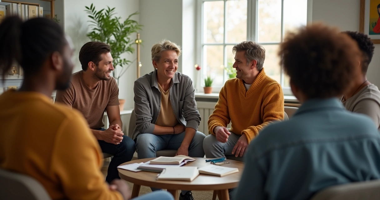 Grupo reunido, conversando e apoiando-se sobre emoções 