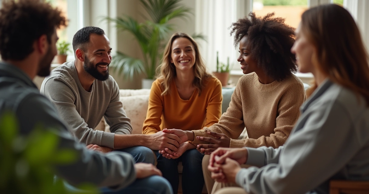 Grupo de pessoas sentadas em círculo, apoiando-se, ambiente acolhedor 