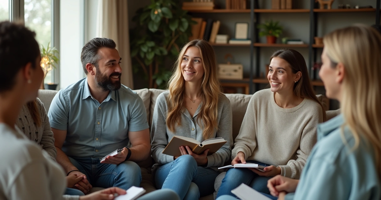 Grupo de pessoas sentadas em círculo em conversa acolhedora 