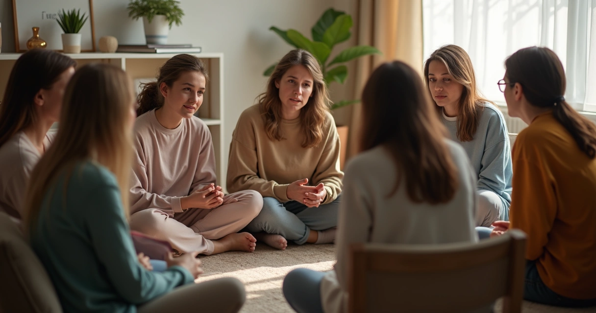 Grupo de pessoas sentadas em círculo conversando sobre ansiedade 