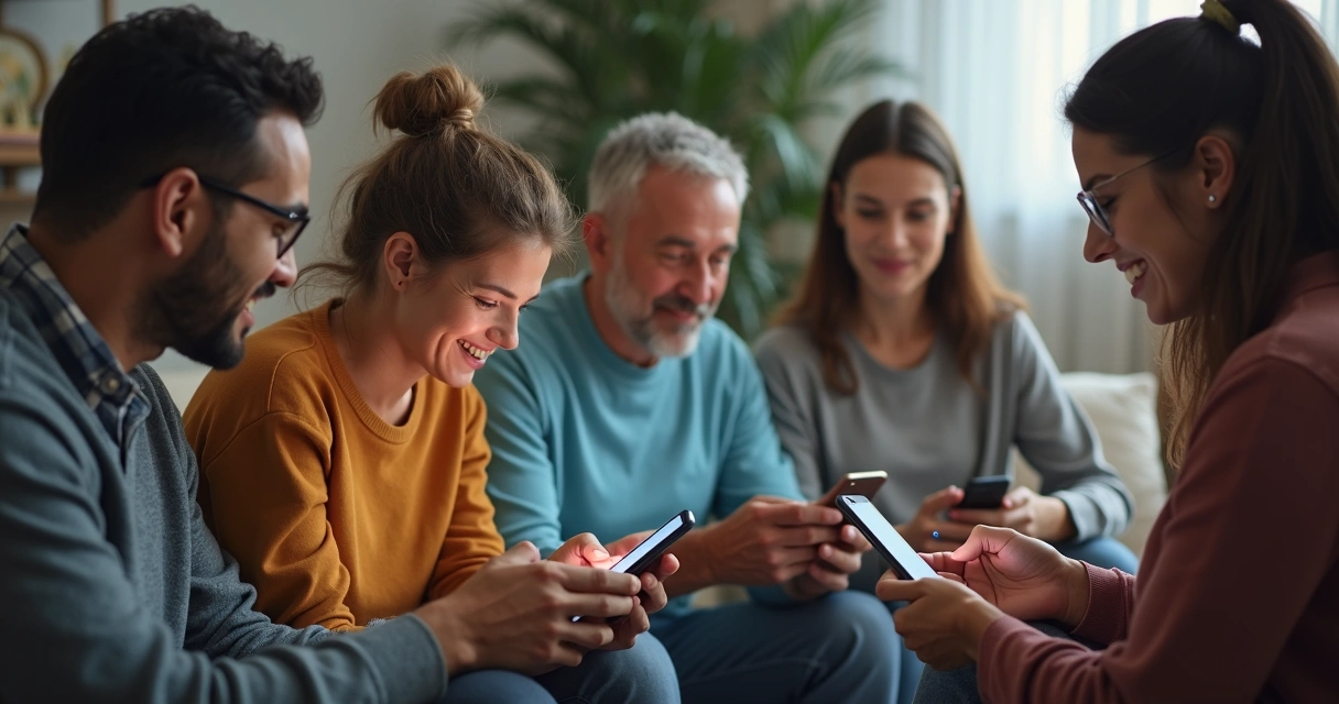 Grupo de apoio reunido em círculo com celulares na mão, interagindo de forma amigável