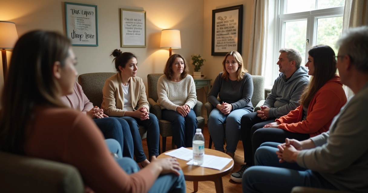 Grupo de pessoas sentadas em círculo em uma sala de apoio