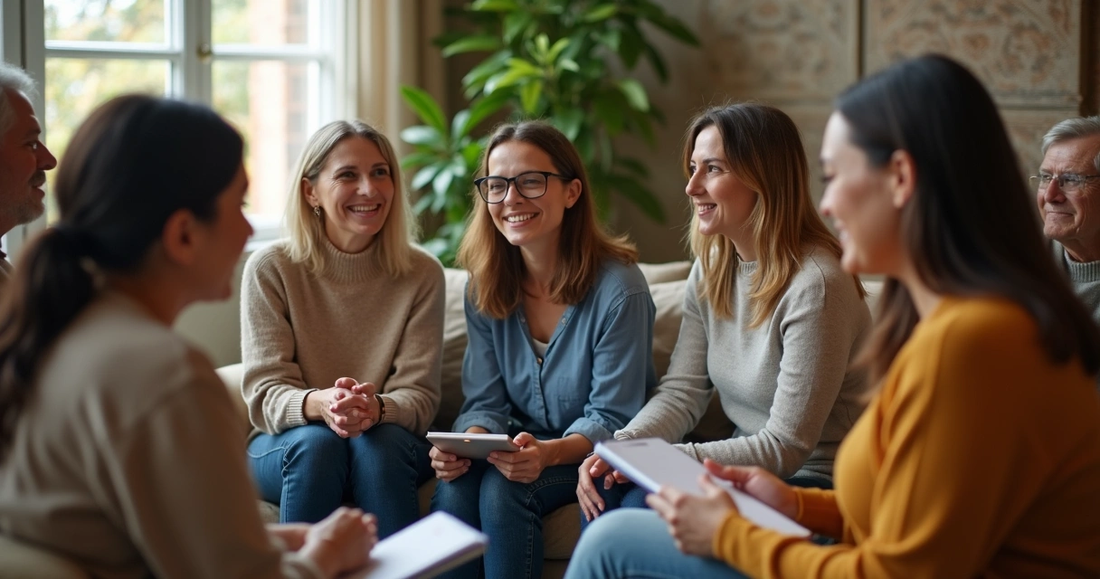 Grupo de pessoas sentadas em círculo, compartilhando e apoiando uns aos outros 