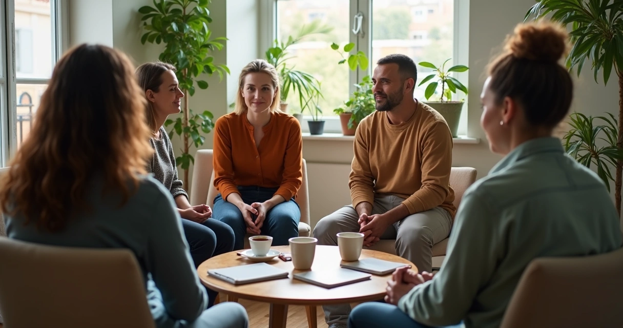 Pequeno grupo em roda de conversa acolhedora