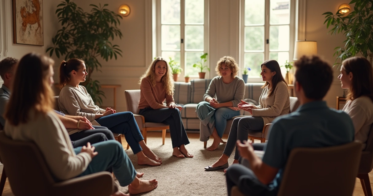 Grupo de apoio sentado em roda conversando em ambiente acolhedor 