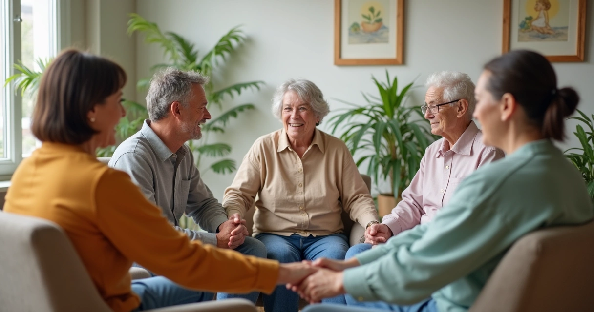 Grupo pequeno em círculo segurando as mãos, mostrando união. 