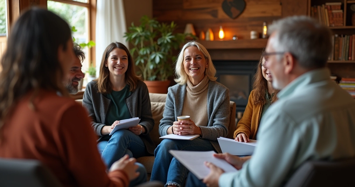 Grupo pequeno sentado em círculo conversando com atenção 