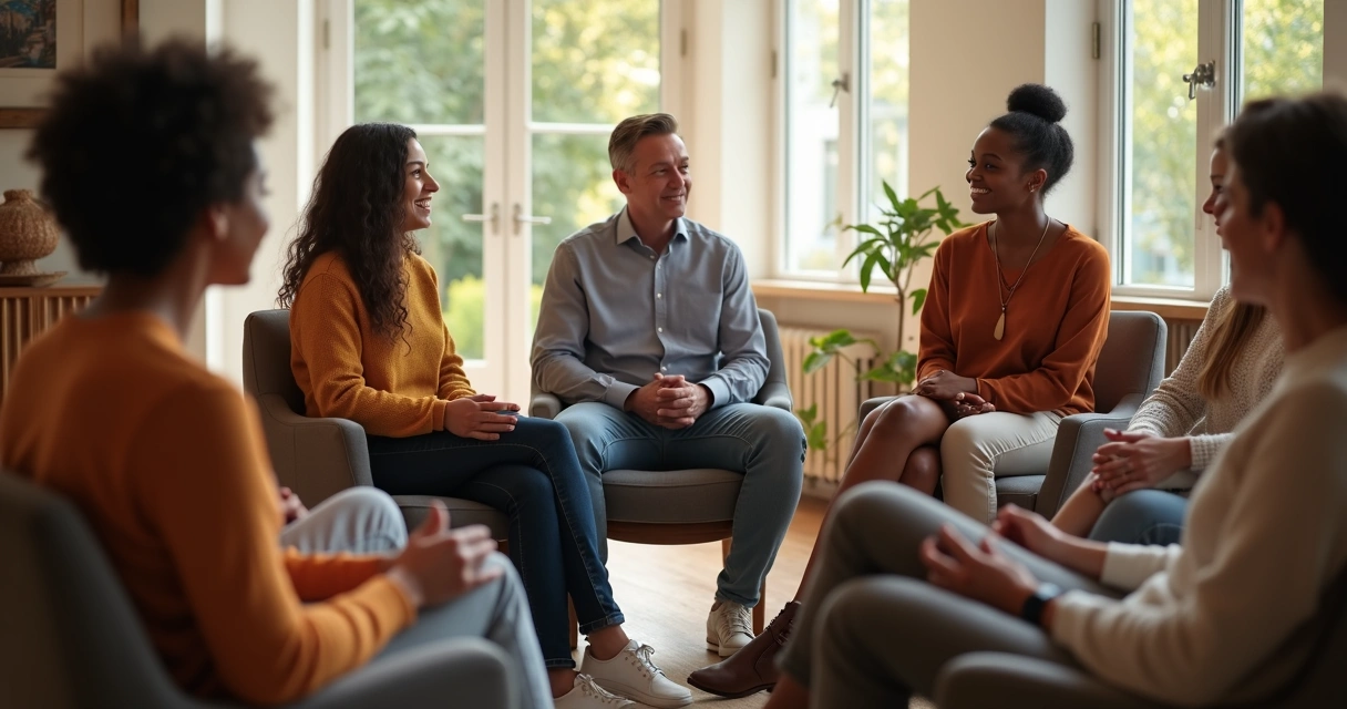 Grupo de pessoas sentadas em roda, conversando e apoiando-se