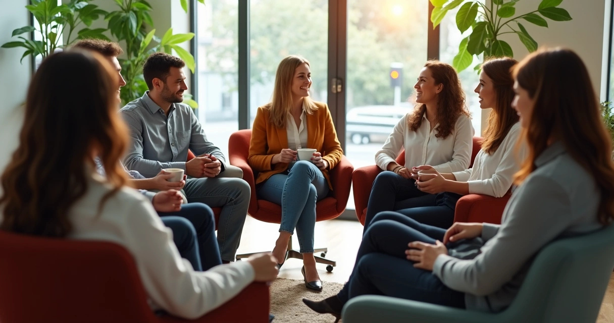 Pequeno grupo de funcionários conversando em sala de apoio dentro da empresa 