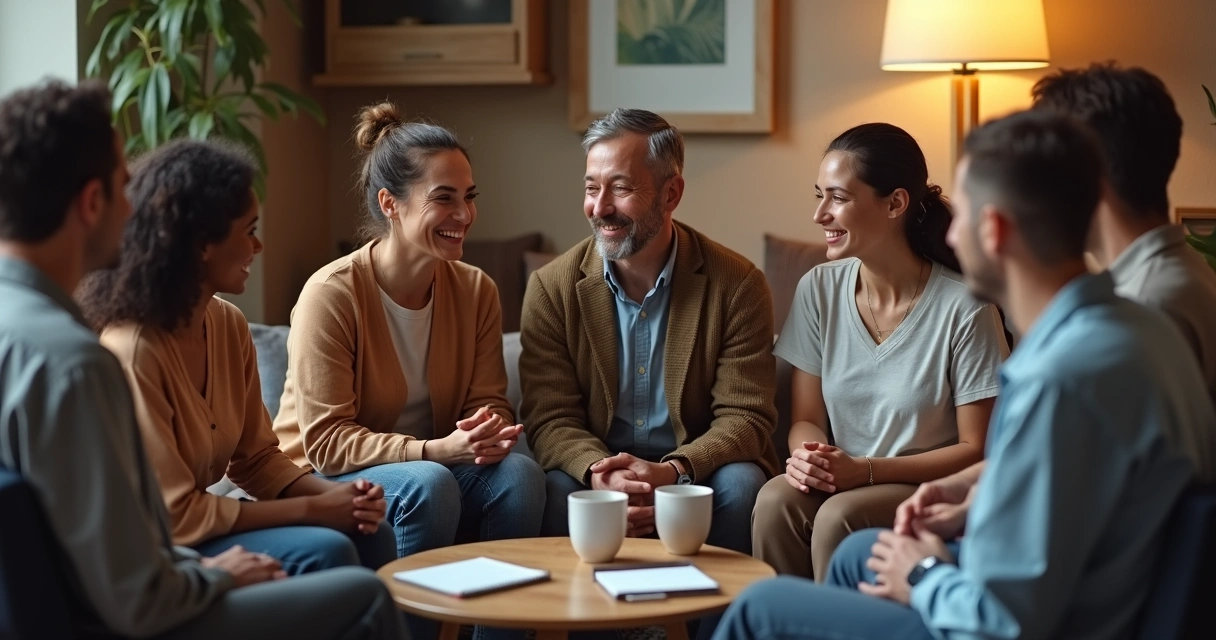 Grupo de pessoas reunido em círculo compartilhando experiências 