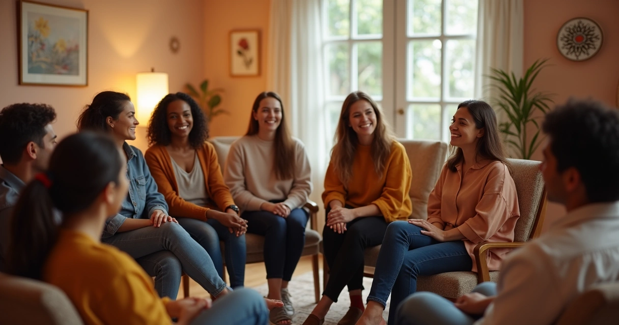 Grupo diverso de pessoas sentadas em roda conversando em ambiente acolhedor