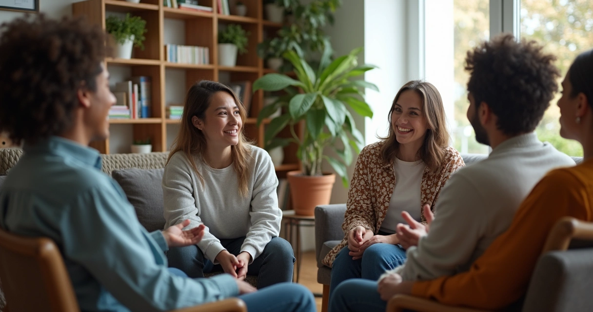 Grupo de pessoas sentadas em roda conversando em ambiente acolhedor 