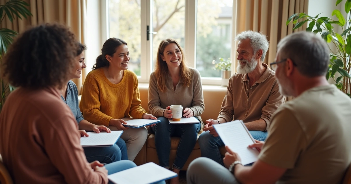 Grupo de apoio com pessoas sentadas em círculo conversando animadas. 