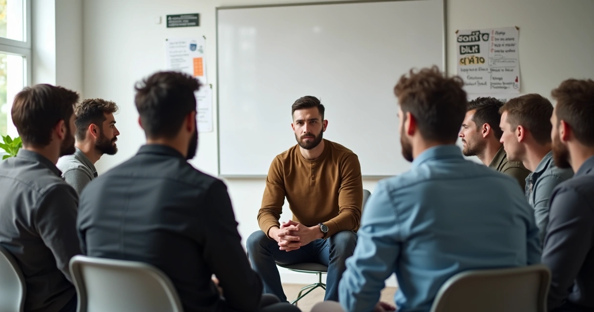 Homens sentados em círculo conversando em grupo de apoio