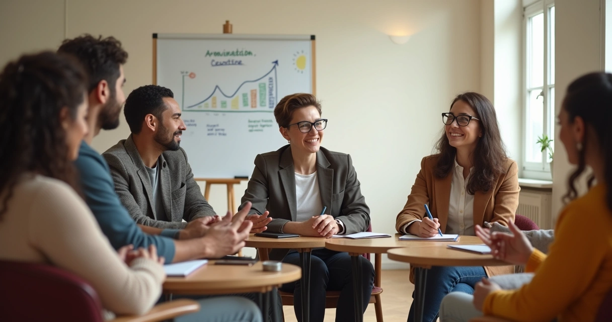Grupo de pessoas conversando e se apoiando em sala clara 