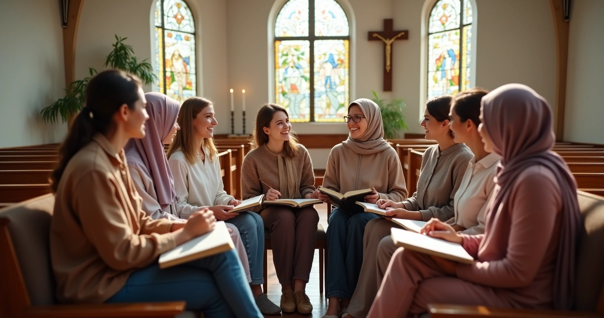 Mulheres cristãs reunidas sentadas em círculo em uma sala de igreja, segurando a Bíblia e conversando em ambiente acolhedor 