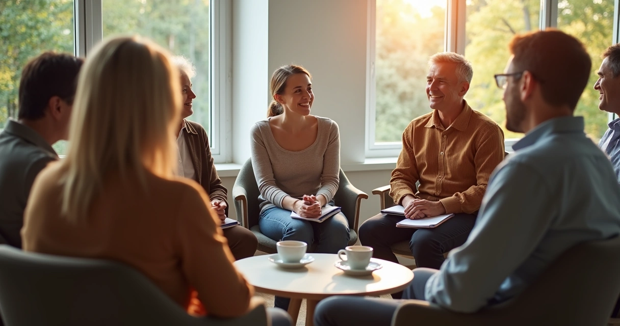 Pessoas sentadas em círculo conversando em grupo de apoio
